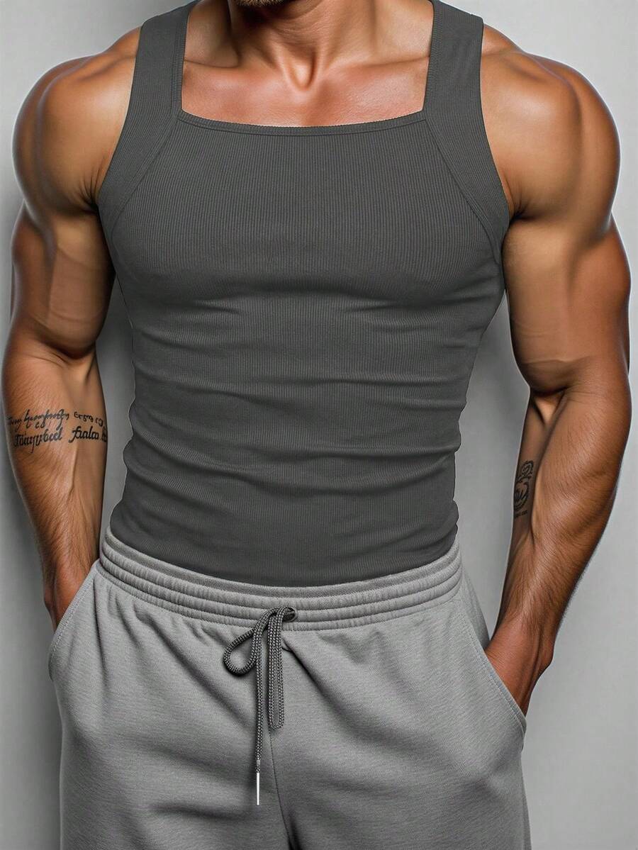 Manfinity Dauomo Men's Solid Color Ribbed Slim Fit Casual Baggy Tank Top Gym Dark Grey Summer Gym - Grey - View 1