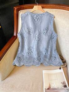 Lacomfia Women Elegant Minimalist Round Neck 3D Hollow Floral Summer Camisole Summer Holiday Vacation Outfits - Blue - View 2