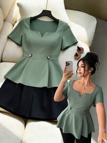 Elenzga Áo sơ mi nữ cỡ lớn thanh lịch, thường ngày, tay ngắn, cổ vuông, đa năng, màu xanh bạc hà, thích hợp cho mùa xuân/hè. - Màu xanh Ô liu - Xem 1