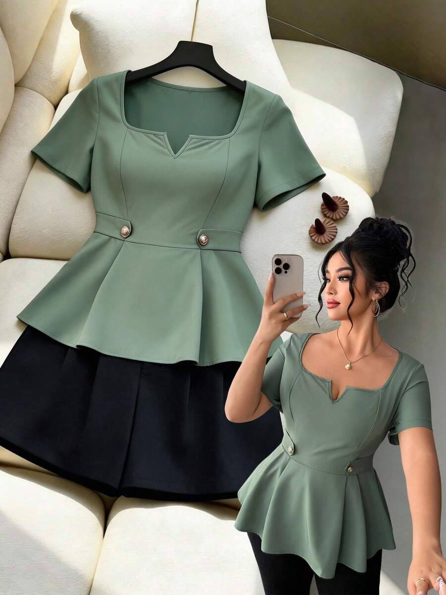 Elenzga Áo sơ mi nữ cỡ lớn thanh lịch, thường ngày, tay ngắn, cổ vuông, đa năng, màu xanh bạc hà, thích hợp cho mùa xuân/hè. - Màu xanh Ô liu - Xem 1