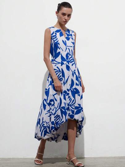 Aveloria Modichic Women's High Density Woven Fabric Slim Waist A-Line Silhouette V Neck Sleeveless Blue And White Leaf Print Bud Hem High-Low Midi Dress Elegant Retro Vacation Artistic Style Blue Elegant Dresses For Women Vacation Outfits Women Blue Dress For Women Summer Dresses For Women