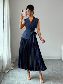 Elenzga Áo blazer không tay cổ bẻ, eo xếp ly, kiểu dáng thường ngày, thanh lịch, thích hợp cho công sở, đi chơi, lễ hội năm 2026, trang phục đi biển tối giản, lãng mạn, đầm hè màu xanh navy, đầm hè thường ngày cho sinh viên, tiệc tùng, đầm dạ hội sang trọng dành cho nữ, đầm dự tiệc thanh lịch. - Màu xanh hải quân - Xem 3