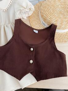 SHEIN 女婴彼得潘领花瓣袖连衣裙和背心套装，夏季 - 紫色 - 查看 5