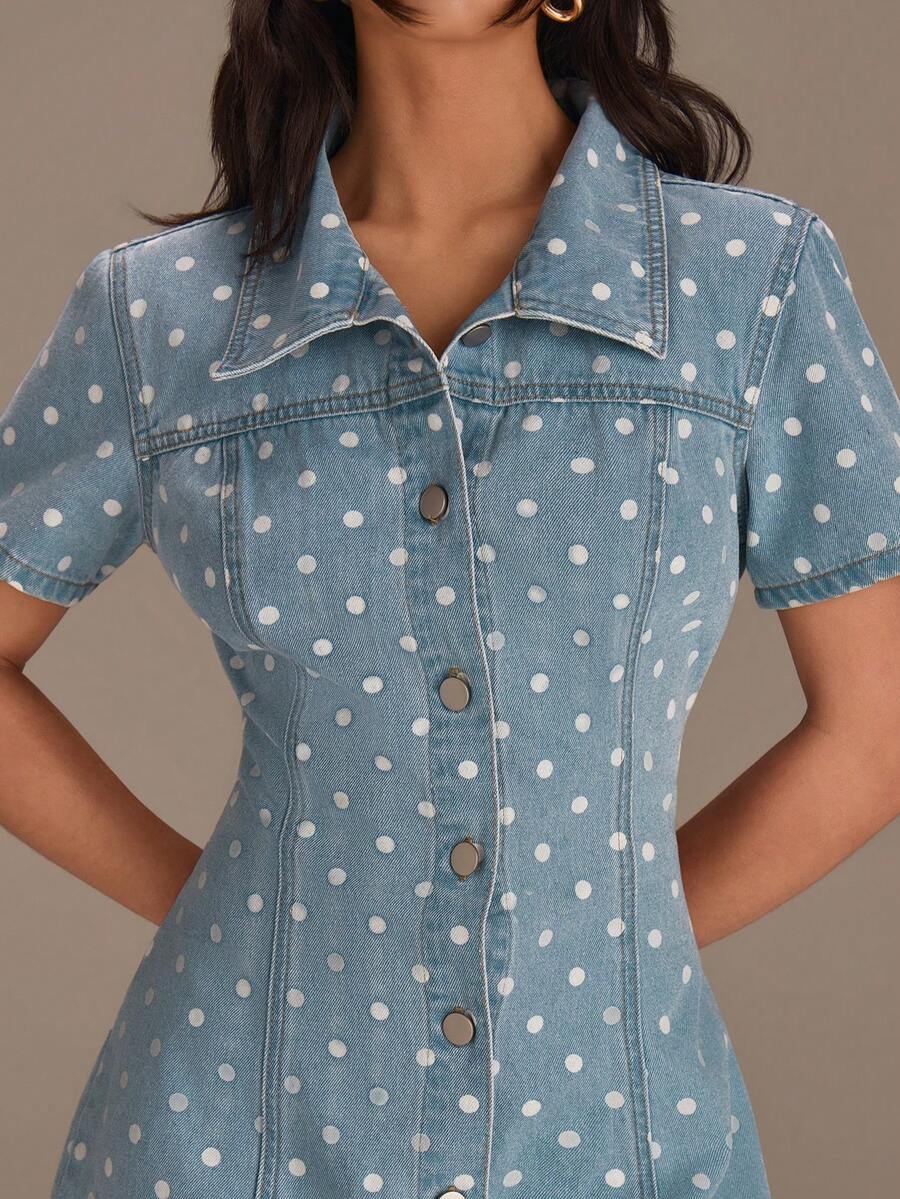 Athîral Áo sơ mi denim nữ tay ngắn cổ bẻ in họa tiết thắt nơ phía trước, kiểu dáng thường ngày, thích hợp cho kỳ nghỉ. - Rửa tối - Xem 1