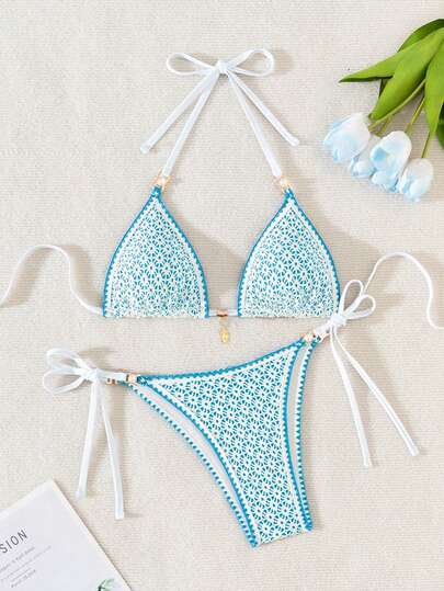 Swim Vcay Women's Sexy Beach Summer Outfit, Hollow Fabric Blue Shell & Pearl Decorated Triangle Bikini