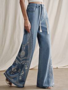 Anewsta Quần jeans ống rộng kiểu bohemian thêu họa tiết thanh lịch dành cho nữ, thích hợp cho các bữa tiệc, kỳ nghỉ, mùa xuân/hè. - Màu xanh lam - Xem 5