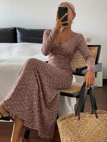 DAZY Long Floral V-Neck Ruched Nightgown Pajama, Winter - Camel - View 4