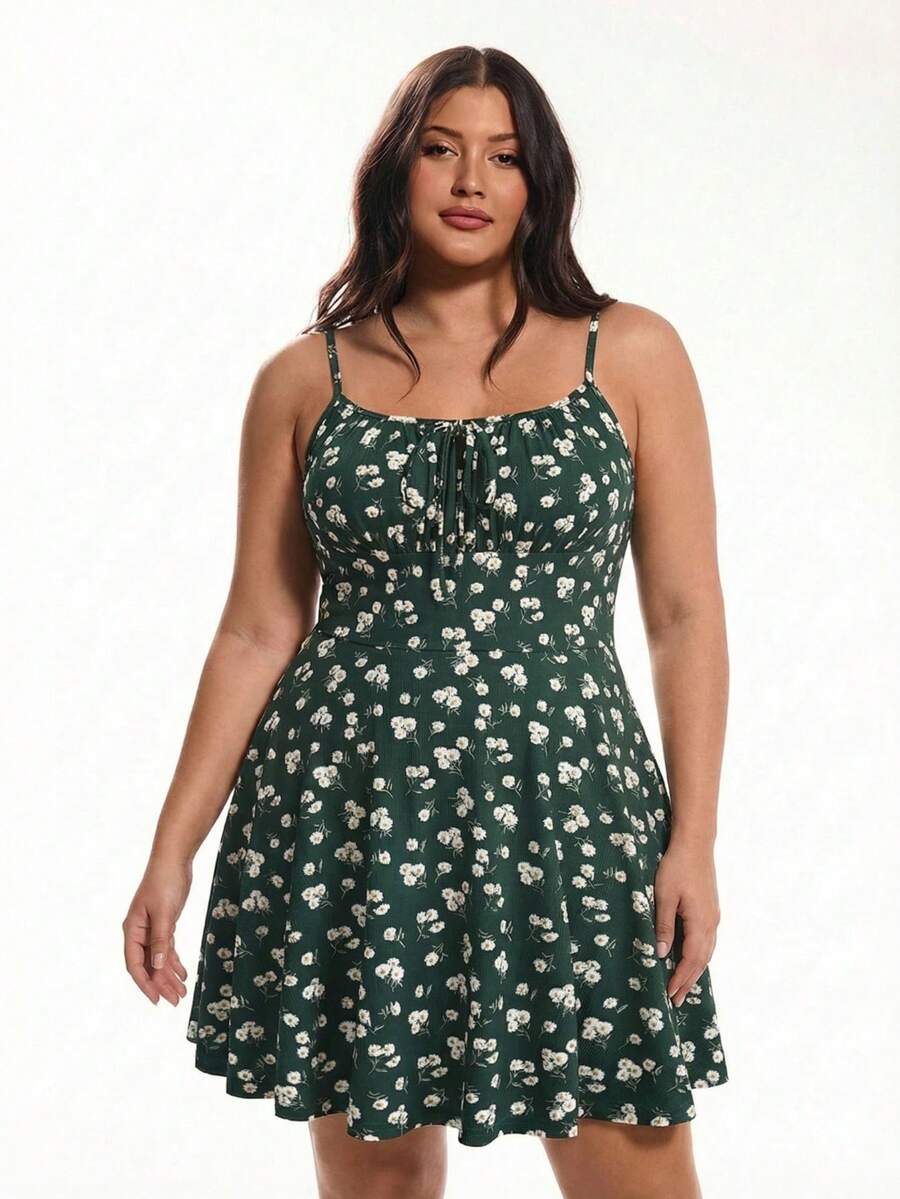 Solavibe 加大码夏季性感深绿色碎花印花细肩带吊带迷你连衣裙 - 墨綠色 - 查看 1