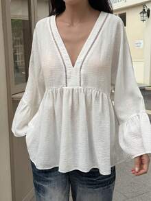 Livesso Elegant All White Autumn Chiffon Shirt For Women,Floral Ruffle Patchwork V-Neck Pullover Long Sleeve Top,Casual Vacation Beach Vacation Cover Up - White - View 4