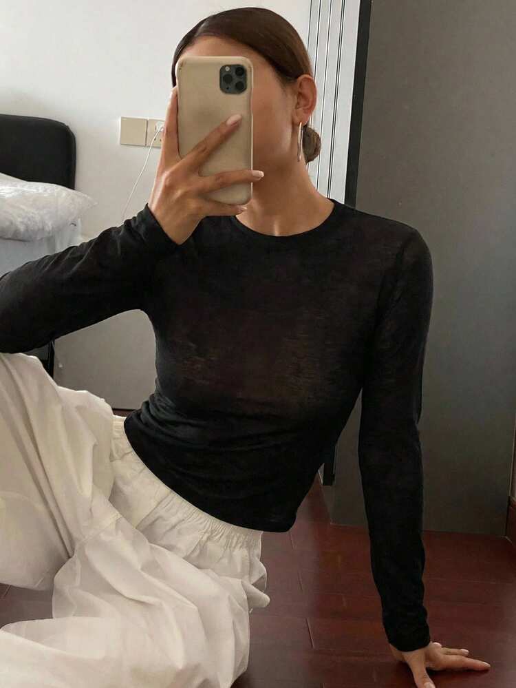 Women Slim Fit Long Sleeve Casual Sheer Tee, Elegant Layering Top
