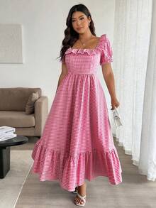 Easura Đầm kẻ caro cổ vuông viền bèo nhún cỡ lớn - Đỏ - Xem 3