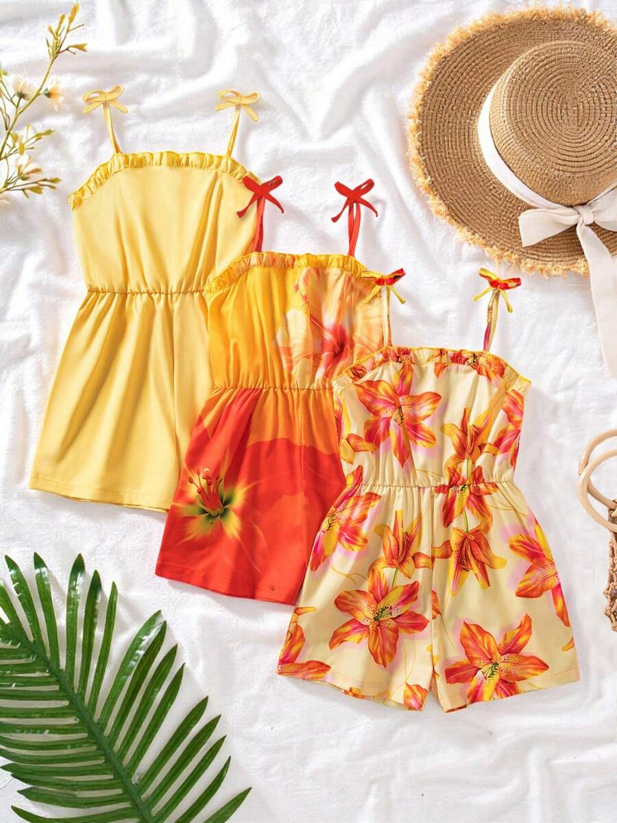 SHEIN Genkimix Kids Bộ 3 món cho bé gái tuổi teen, kiểu dáng thường ngày, họa tiết hoa và sọc, màu trơn, thích hợp cho gia đình nhiều con, đi biển, chơi ngoài trời và đi học. - Màu vàng - Xem 1
