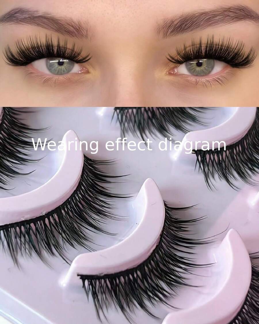 Faux Mink Cat Eye False Eyelashes 5 Pairs, Wispy Fluffy Strip Lashes, Reusable Lightweight Eye Lashes For Daily - Black - View 1