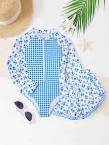 SHEIN 新款时尚女童印花拼接泳衣套装 - 藍色 - 查看 3