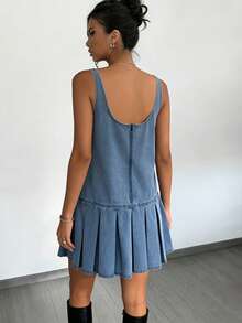 Siren Gaze 女士圆领褶裥休闲日常牛仔连衣裙 - 淺色水洗藍 - 查看 2