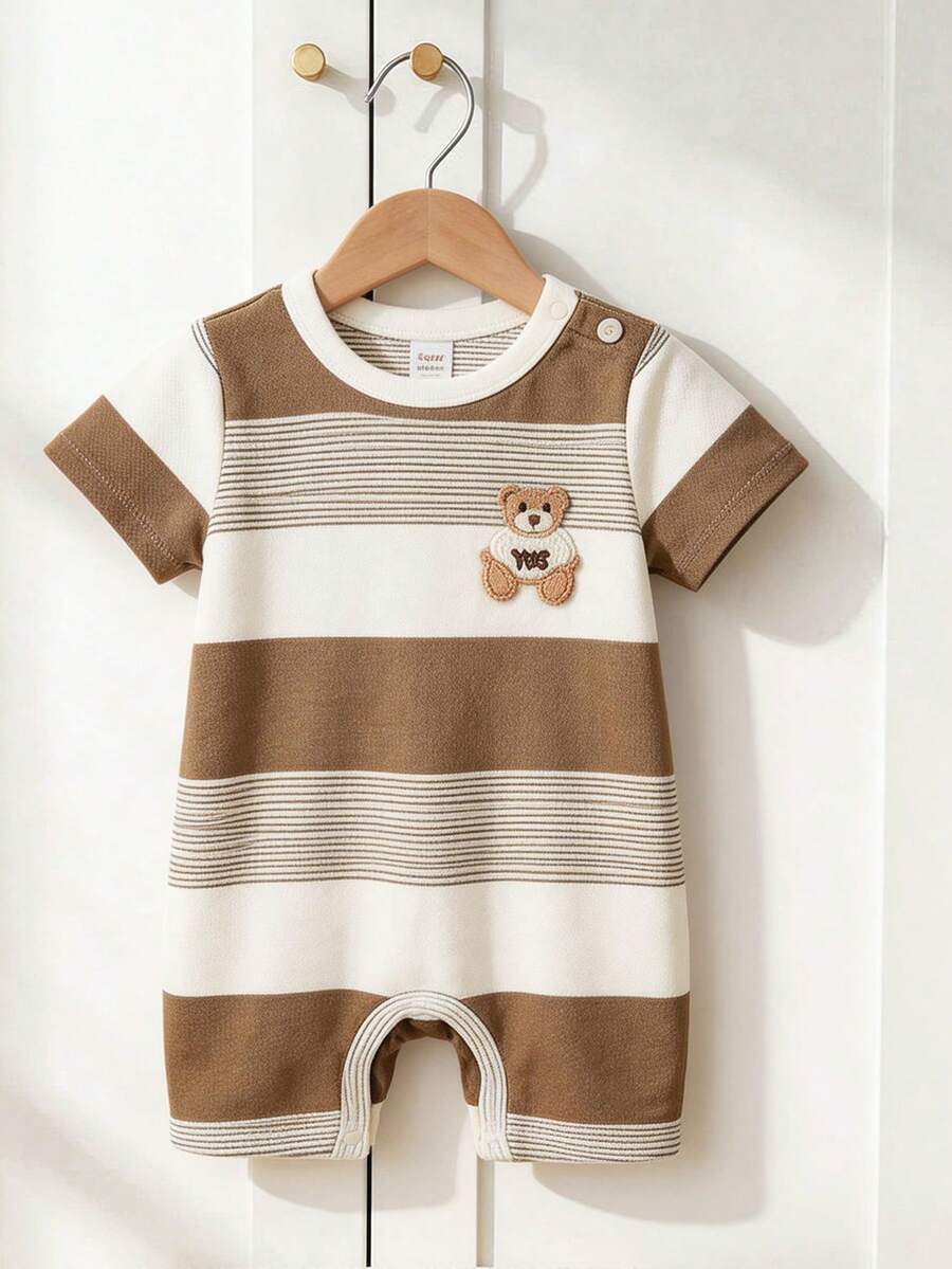 Cozy Pixies 男婴卡通熊条纹圆领短袖连体短裤，百搭舒适 - 卡其色 - 查看 1