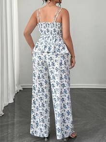 Elenzga Fashion Blue Floral Print Camisole - Summer Elegant Women's Suit - White - View 8
