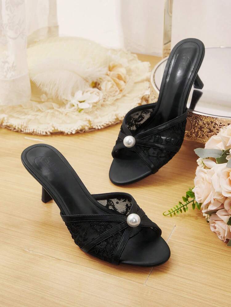 CUCCOO HITCHD Women's Spring And Summer New Round Toe Stiletto Black Lace Mesh Pearl High Heel Sandals Slippers Fashionable And Comfortable Versatile Sexy Party Banquet Women's Sandals Wedding Shoes Women's Shoes