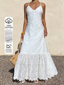 Livesso 海滩度假装扮，夏季白色纹理V领中长连衣裙，女士吊带裙 - 白色 - 查看 1