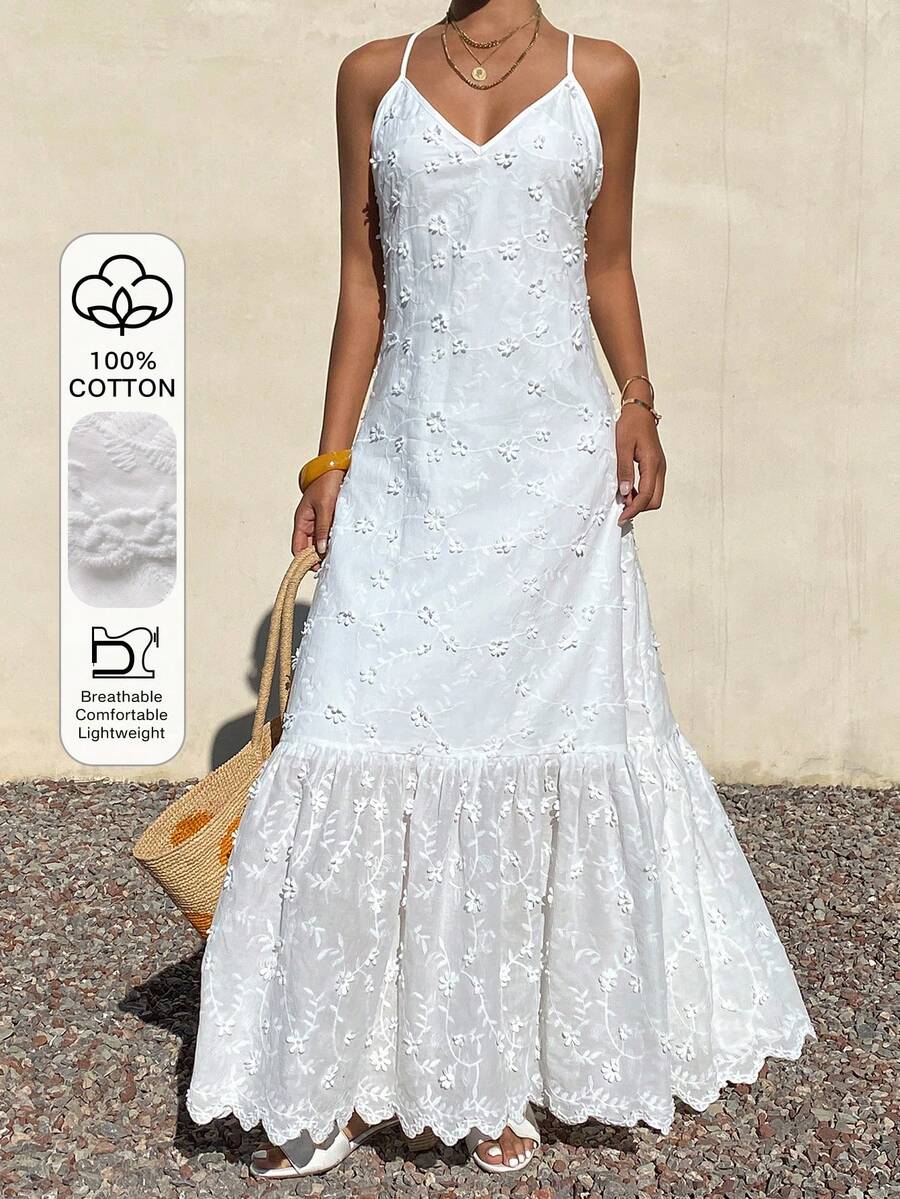 Livesso 海滩度假装扮，夏季白色纹理V领中长连衣裙，女士吊带裙 - 白色 - 查看 1