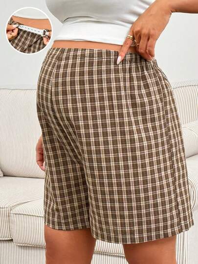 SHEIN Adjustable Waist Plaid Casual Loose Maternity Shorts