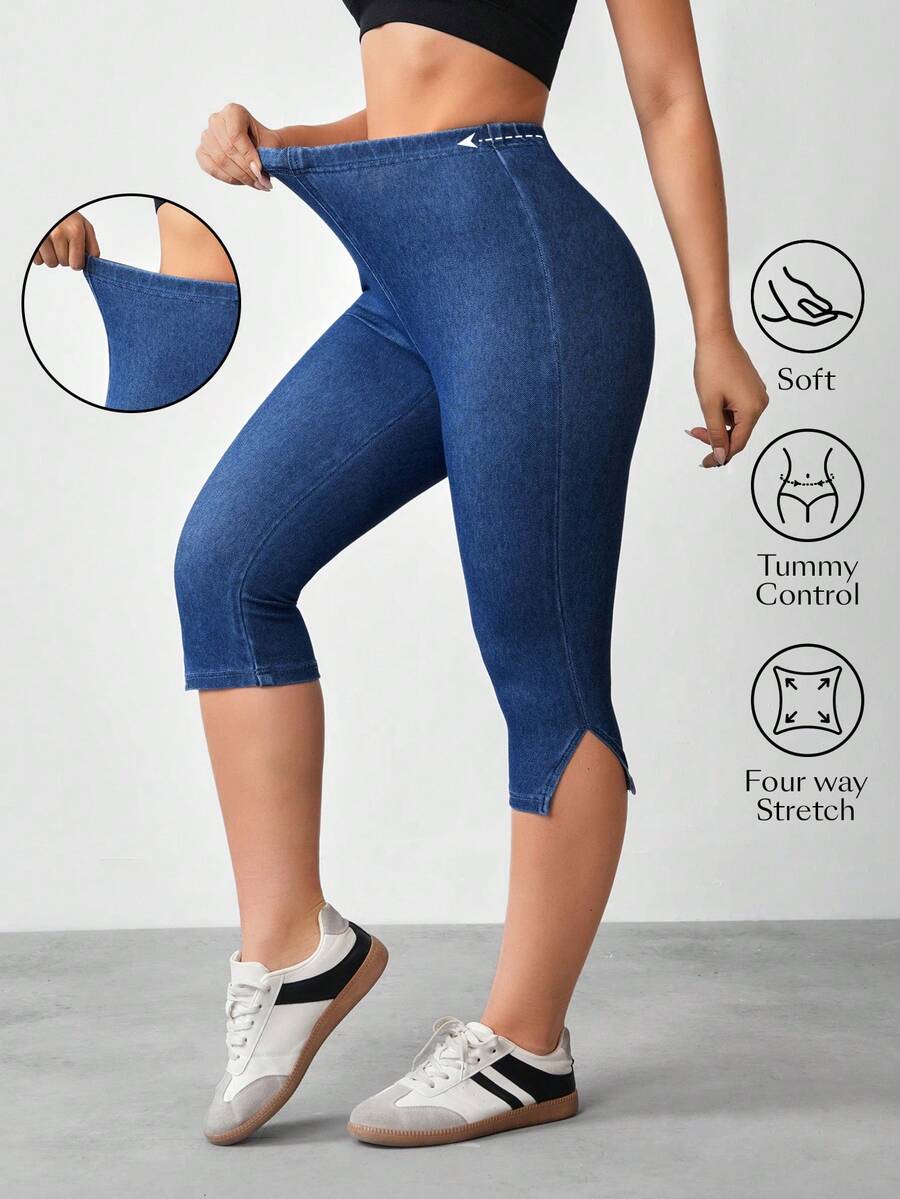 Flexra Quần jegging denim dài đến 7/8 với đường xẻ bên hông. - Màu xanh lam - Xem 1