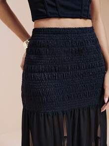 Arave Women's Chiffon Fabric Regular Waist Flared See-Through Overlay Design Casual Skirt - Navy Blue - View 2