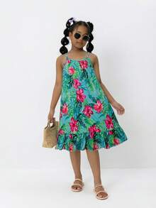 Sparklyn Rochie de vacanță casual cu imprimeu multicolor Fresh Lemon pentru fete, cu bretele spaghete și volane, tip tiv - Verde - Vizualizare 5