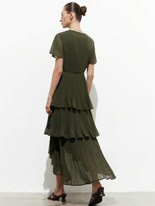 Aveloria Modichic Women's Summer Elegant Olive Green Chiffon Pleated A-Line Dress,V-Neck Wrap Tie Waist Multi-Layer Ruffle Hem Mid-Length Tea Party Wedding Guest Dress - Olive Green - View 3
