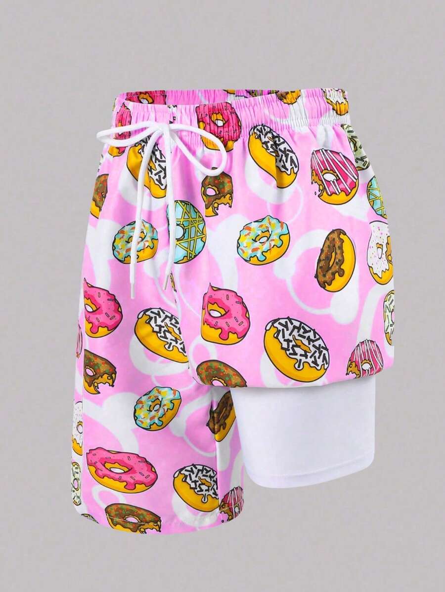 Tween Boy Donut Print Drawstring Waist Loose Swim Shorts - Pink - View 1