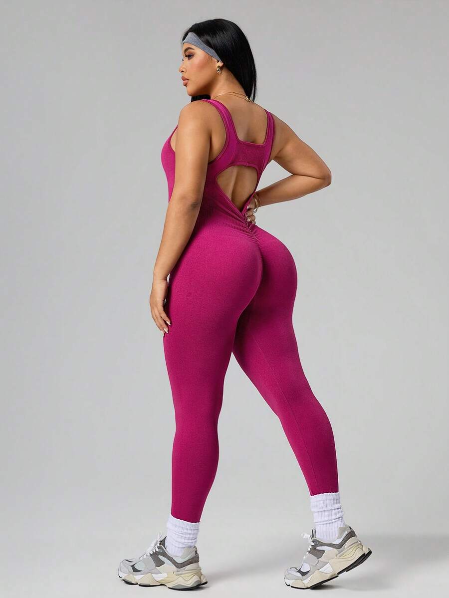 Rhythm Era 1pc Women's Plus Size Magenta Summer Seamless U-Neck Backless Vertical Ribbed Jumpsuit For Athletic Pilates Yoga Fitness Workout Running Gym - Red Violet - View 1