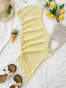 SHEIN Đầm màu vàng trơn ôm sát, kiểu dáng giản dị tối giản, thoải mái, eo thắt, vạt bất đối xứng dành cho bé gái tuổi teen. - Màu vàng - Xem 2