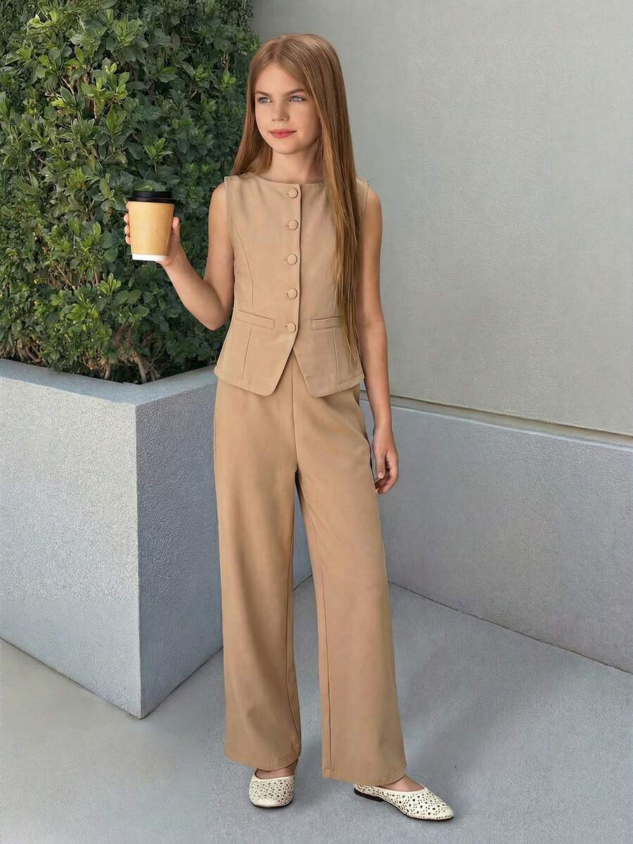 SHEIN 2件套少女休闲日常时尚背心和打底裤套装 - 棕色 - 查看 1