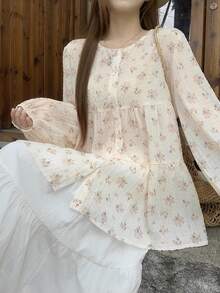 Women's Ditsy Floral A-Line Pleated Casual Loose Shirt Boho - Apricot - View 1