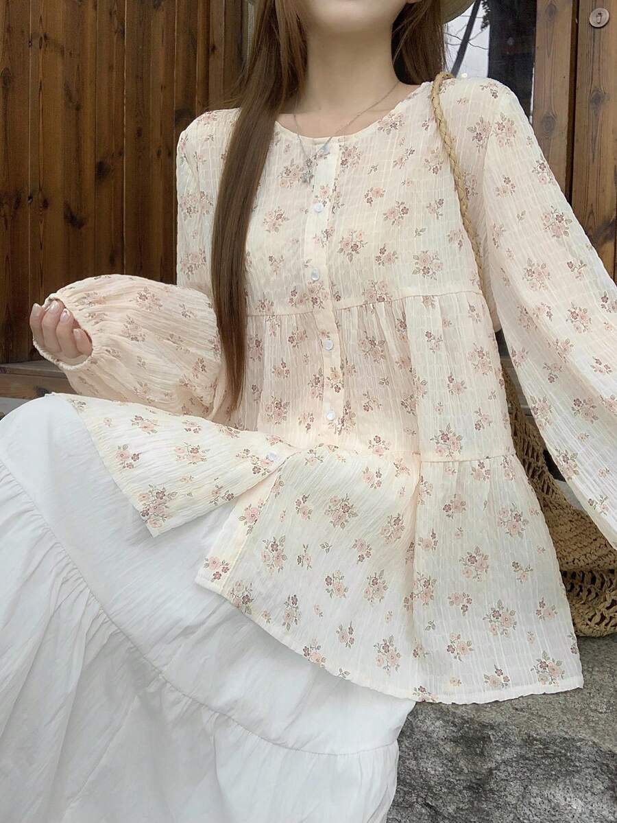 Women's Ditsy Floral A-Line Pleated Casual Loose Shirt Boho - Apricot - View 1