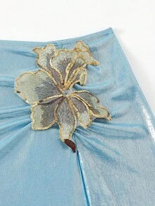 SHEIN Swim 3件套夏季新款亮片刺绣花卉三角比基尼聚拢泳衣女款 - 藍色 - 查看 6