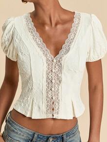 SHEIN TRVLCHIC Women's Elegant Solid Color Lace Patchwork Blouse, Summer,Summer Top - Apricot - View 1