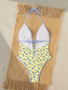 Swim Mod Women's New Ditsy Floral Backless One-Piece Swimsuit, Fashionable And Sexy For Beach Vacation, Spring/Summer - Yellow - View 4