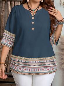 EMERY ROSE Women's V-Neck Geometric Print Casual Versatile Daily Wear Shirt - Multicolor - View 4