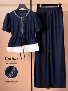 Rusticease Women's Navy Blue And White 2 Pieces Set,Cotton Short Sleeve Round Neck Blouse And Capri Pants,Summer Casual Modest Everyday Vintage Elegant Outfits - Navy Blue - View 3