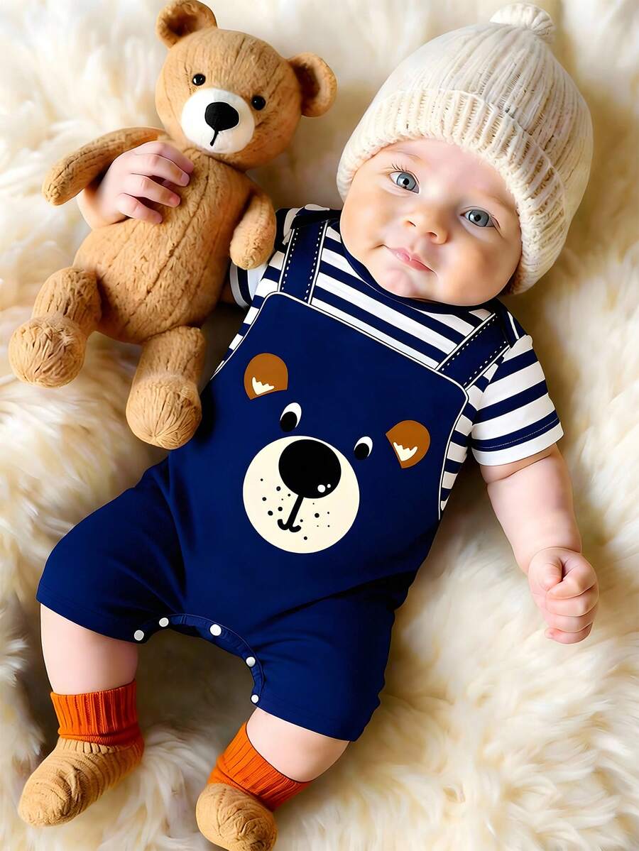 SHEIN Baby Boy Cute Bear Striped Print Short Sleeve Romper, Suitable For Summer - Multicolor - View 1