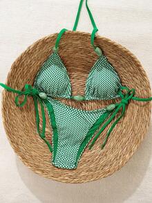 Swim Mod Women's Summer Beach Plaid Halter Tie Sexy Bikini And Triangle Panty Swimsuit Set Bikinis Set For Women Women's Bikini Sets Bikini Set For Women Green Gingham Bikini - Multicolor - View 3