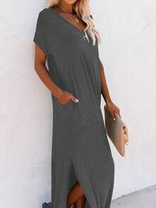 EMERY ROSE Đầm tay ngắn viền tròn màu trơn đơn giản cho nữ, mùa hè - Xám - Xem 7