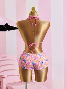 SHEIN X Care Bears Bộ bikini buộc cổ in hình gấu hồng và kẻ caro - Hồng - Xem 2