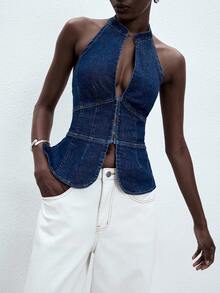 ATUI Studio Áo sơ mi denim nữ cổ yếm ôm sát, cài cúc phía trước, gợi cảm. - Màu xanh lam - Xem 6