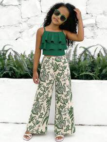 SHEIN Sparklyn Summer Tween GirlsVacation Set, Layered Ruffle Camisole + Floral Print Wide Leg Pants, & Elegant For Daily Outing, Beach Trip, Photo Shoot Squishy Set - Green - View 8