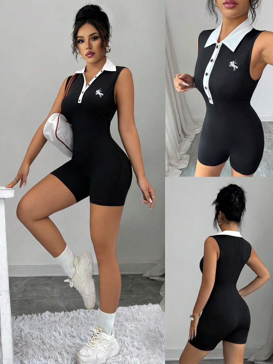 Selianne Women's Casual Everyday/Commute Sleeveless Polo Collar Jumpsuit With Embroidery & Contrast Color, Suitable For Summer - Black - View 1