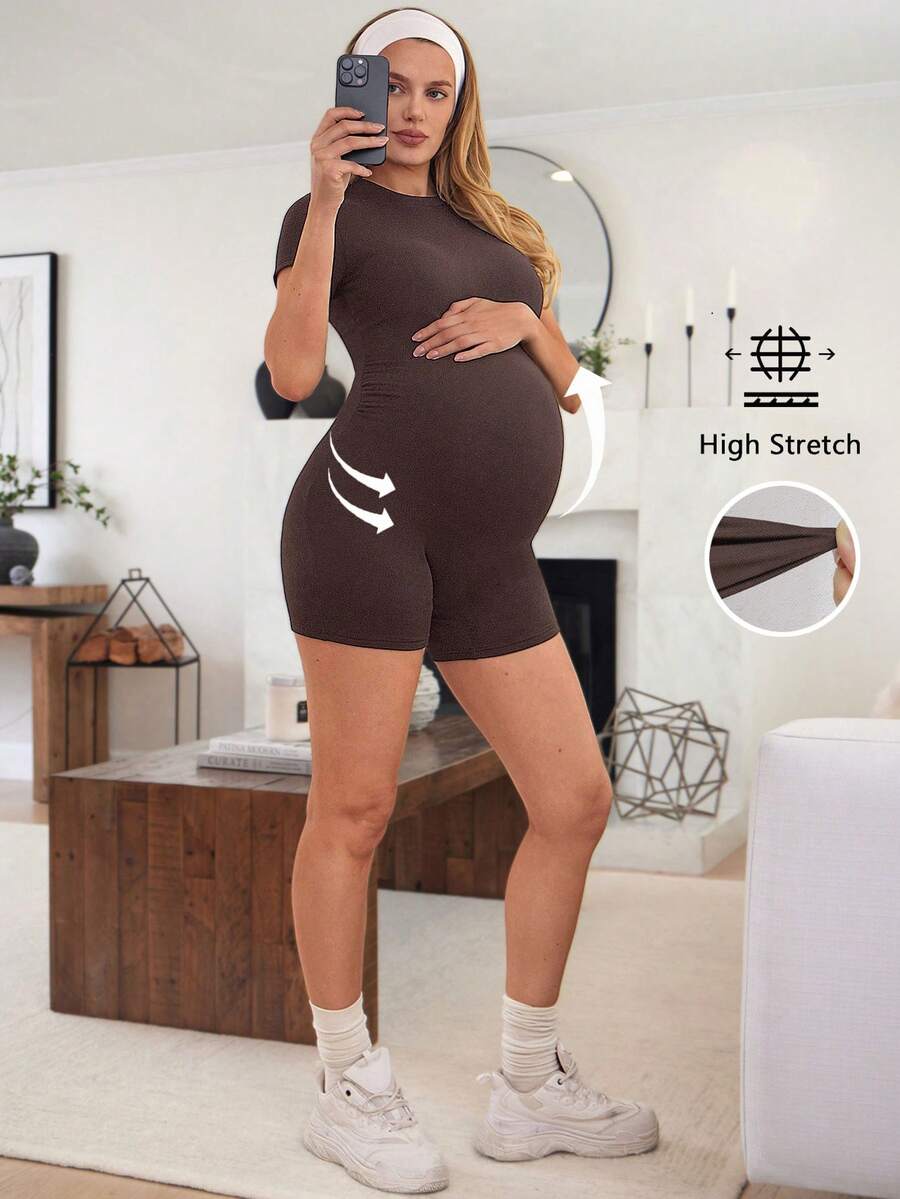 SHEIN Bộ áo liền quần bầu tay ngắn, cổ tròn, ôm dáng, màu trơn, kiểu dáng thường ngày. - Cà phê nâu - Xem 1