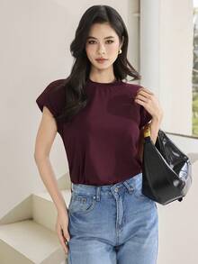 Heiryn Women's Pastal Cap-Sleeve Crewneck Top,Effortless Chic Sexy Minimal Draped Tee With Raglan Shoulders For Work Golf,Summer Casual Solid Color T-Shirt - Burgundy - View 7