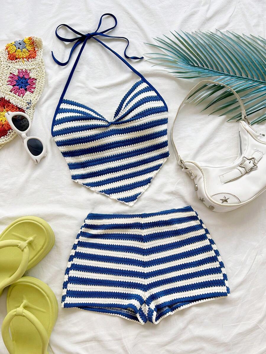 Soleia 春夏新款休闲度假西部海滩婚礼宾客着装毕业早午餐女士套装圣帕特里克节春假复活节音乐节优雅波西米亚热带风情蓝白条纹吊带背心两件套 - 彩色 - 查看 1